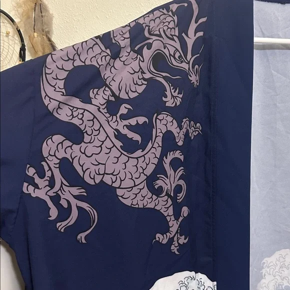 Navy Blue Kimono Jacket with Ocean Wave Design - Picture 10 of 10